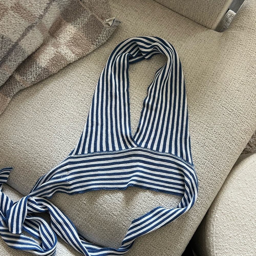 Striped Knit Halter Tie Top - Blue and White